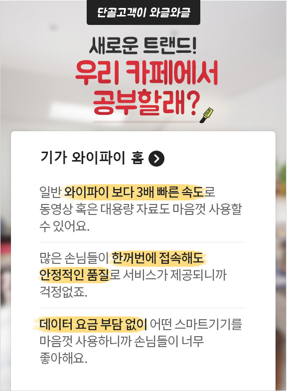 단골고객이 와글와글. 새로운 트렌드! 우리 카페에서 공부할래? 기가 와이파이 홈. 일반 와이파이보다 3배 빠른 속도로 동영상 혹은 대용량 자료도 마음껏 사용할 수 있어요. 많은 손님이 한꺼번에 접속해도 안정적인 품질로 서비스가 제공되니까 걱정없죠. 데이터 요금 부담 없이 어떤 스마트기기를 마음껏 사용하니까 손님들이 너무 좋아해요.